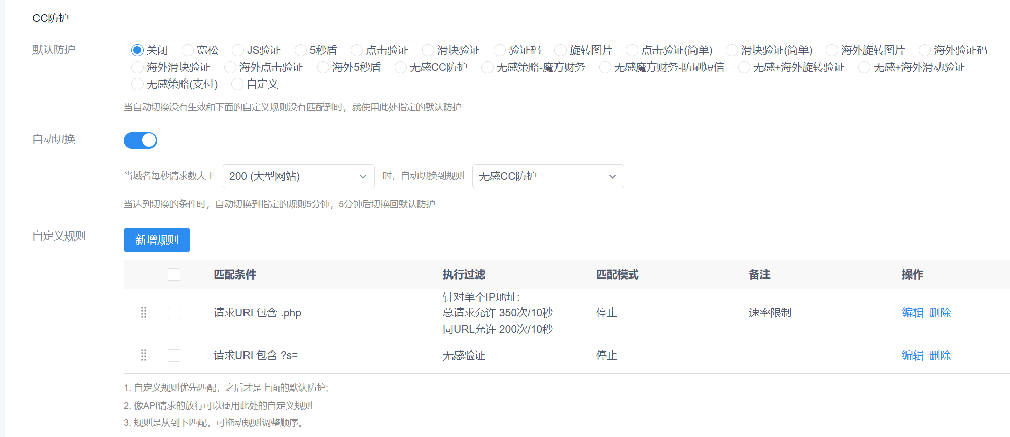巨力CDN CC防御WAF规则配置界面